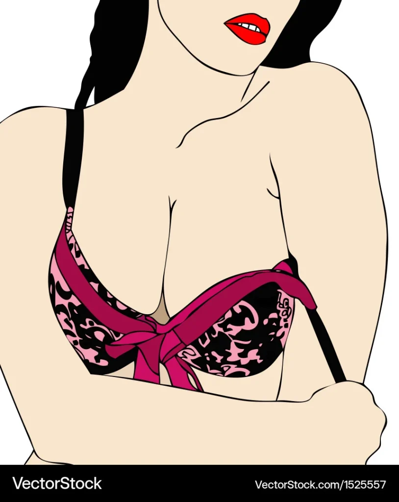 Illustration of a woman in a pink and black lingerie top, with red lips and dark hair.